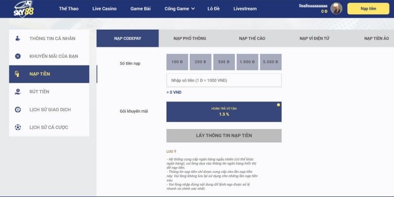 Hướng dẫn nạp tiền SKY88 cho cược thủ dễ hiểu nhất